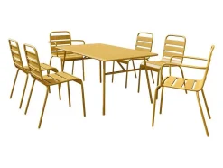 Conjunto Sala De Jantar De Jardim Metal, Uma Mesa C160 Cm Com 2 Cadeiroes Empilhaveis E 4 Cadeiras Empilhaveis Amarelo Mostarda - Mirmande De Mylia