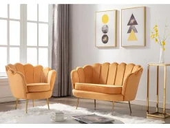 Conjunto Sofá De 2 Lugares E Poltrona Concha Em Veludo Amarelo-Mostarda Dandelion