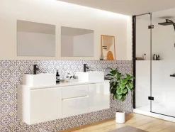 Conjunto Suspenso Para Casa De Banho Com Lavatório Duplo E Espelhos Cor Branco - Jimena