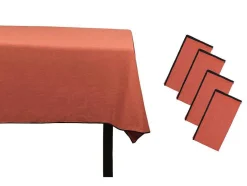 Conjunto Toalha + 4 Guardanapos De Mesa Em Linho E Algodao, Borda Preta, Terracota, 170 X 250 Cm - Borina