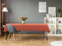 Conjunto Toalha + 4 Guardanapos De Mesa Em Linho E Algodao, Borda Preta, Terracota, 170 X 250 Cm - Borina
