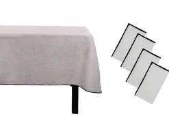 Conjunto Toalha + 4 Guardanapos De Mesa Em Linho E Algodao, Borda Preta, Taupe, 170 X 170 Cm - Borina
