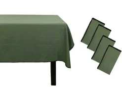 Conjunto Toalha + 4 Guardanapos De Mesa Em Linho E Algodao, Borda Preta, Caqui, 170 X 170 Cm - Borina