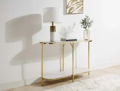 Consola Em Ceramica E Metal Dourado, Efeito Marmore Branco - Caloura