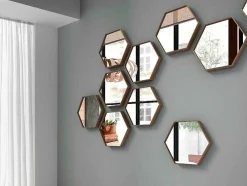 Espelho De Parede Hexagonal Com Moldura De Madeira Folheada A Nogueira. 3039