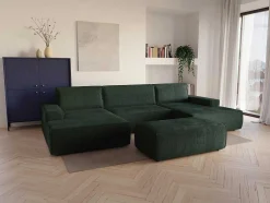 Grande Sofá De Canto Panorâmico Convertivel Em Veludo Canelado Verde Abeto Abeto - Amelia