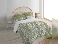 Housse De Couette 100% Coton 1 Piece Blanc A Plantes Vertes 220X240