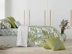 Housse De Couette 100% Coton 1 Piece Blanc A Plantes Vertes 240X240