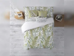 Housse De Couette 100% Coton 1 Piece Blanc A Plantes Vertes 240X240