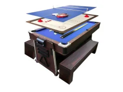 Mesa De Bilhar 7 Pés Multijogo Azul Air Hockey + Ping Pong - Stark Com Bancos