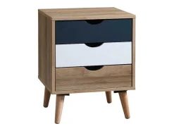 Mesa De Cabeceira Com 3 Gavetas Cores Natural, Branco E Azul-Marinho - Lurvia