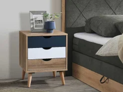 Mesa De Cabeceira Com 3 Gavetas Cores Natural, Branco E Azul-Marinho - Lurvia