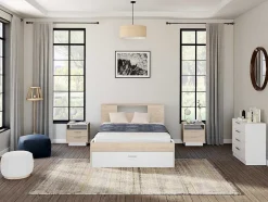 Mesa De Cabeceira 2 Gavetas E 1 Nicho Cor Natural E Branco - Leandre