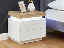 Mesa De Cabeceira - 2 Gavetas - Mdf Lacado - Com Leds - Cor: Branco E Carvalho - Halo Ii
