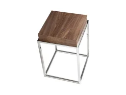 Mesa De Canto Em Madeira Folheada A Nogueira Sobre Estrutura De Aco Inoxidavel Cromado. 2051