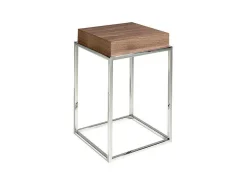 Mesa De Canto Em Madeira Folheada A Nogueira Sobre Estrutura De Aco Inoxidavel Cromado. 2051