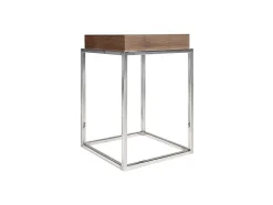Mesa De Canto Em Madeira Folheada A Nogueira Sobre Estrutura De Aco Inoxidavel Cromado. 2051
