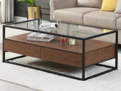 Mesa De Centro Com 2 Gavetas Em Mdf, Vidro Temperado E Metal Natural Escuro - Camata
