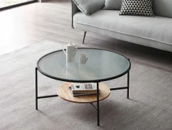 Mesa De Centro Com 1 Prateleira, Vidro, Madeira De Hevea E Metal, Natural E Preto - Munita