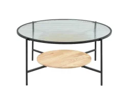 Mesa De Centro Com 1 Prateleira, Vidro, Madeira De Hevea E Metal, Natural E Preto - Munita