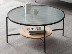 Mesa De Centro Com 1 Prateleira, Vidro, Madeira De Hevea E Metal, Natural E Preto - Munita