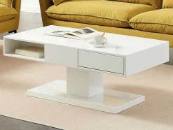 Mesa De Centro Com Tampo Giratorio, 2 Gavetas E 2 Nichos Mdf Lacado A Branco - Ilya