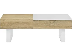 Mesa De Centro Com Tampo Levadico E 1 Gaveta Mdf E Aco Natural E Branco - Balun