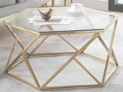 Mesa De Centro Em Vidro Temperado E Aco Inoxidavel Cor Dourado - Keriane De Pascal Morabito
