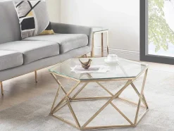 Mesa De Centro Em Vidro Temperado E Aco Inoxidavel Cor Dourado - Keriane De Pascal Morabito