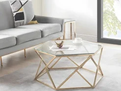 Mesa De Centro Em Vidro Temperado E Aco Inoxidavel Cor Dourado - Keriane De Pascal Morabito