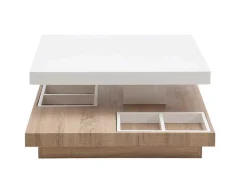 Mesa De Centro Fausto - Tampo Giratorio - Mdf Lacado Branco E Carvalho