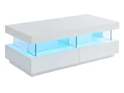Mesa De Centro 2 Gavetas E 2 Nichos Com Leds, Mdf E Vidro Temperado, Lacado A Branco - Fabio