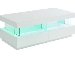 Mesa De Centro 2 Gavetas E 2 Nichos Com Leds, Mdf E Vidro Temperado, Lacado A Branco - Fabio