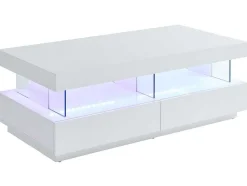 Mesa De Centro 2 Gavetas E 2 Nichos Com Leds, Mdf E Vidro Temperado, Lacado A Branco - Fabio