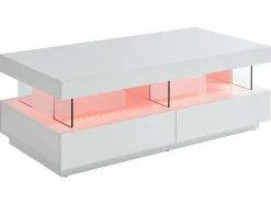 Mesa De Centro 2 Gavetas E 2 Nichos Com Leds, Mdf E Vidro Temperado, Lacado A Branco - Fabio