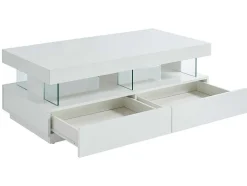 Mesa De Centro 2 Gavetas E 2 Nichos Com Leds, Mdf E Vidro Temperado, Lacado A Branco - Fabio