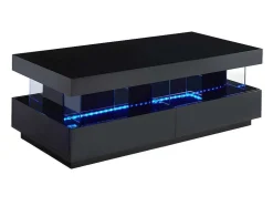 Mesa De Centro - Mdf Lacado Preto - Leds 2 Gavetas & 2 Nichos - Fabio