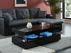 Mesa De Centro - Mdf Lacado Preto - Leds 2 Gavetas & 2 Nichos - Fabio