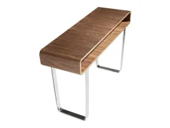 Mesa De Consola Em Madeira Folheada A Nogueira Sobre Pernas Em Aco Inoxidavel Cromado. 3000