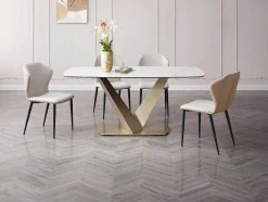 Mesa De Jantar De 6 Lugares Em Ceramica E Metal Efeito Marmore Branco E Dourado - Porelima De Pascal Morabito