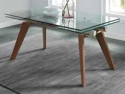 Mesa De Jantar Extensivel Altamira - 6 A 8 Lugares - Vidro Temperado E Metal Efeito Nogueira
