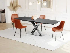 Mesa De Jantar Extensivel 6 A 8 Lugares Em Ceramica E Metal Efeito Marmore Preto - Thylia