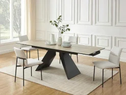 Mesa De Jantar Extensivel De 6 A 10 Lugares Em Ceramica, Vidro Temperado E Metal Natural Claro E Preto - Suniva