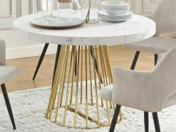 Mesa De Jantar Extensivel De 2 A 12 Lugares Em Mdf E Aco Efeito Marmore Branco E Dourado - Firela