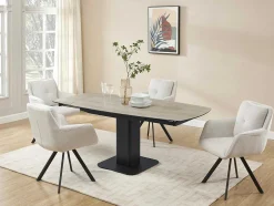 Mesa De Jantar Extensivel De 4 A 8 Lugares Em Ceramica, Vidro Temperado, Metal E Mdf, Natural Claro E Preto - Taloza