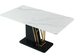 Mesa De Jantar 6 Lugares Em Ceramica E Mdf Efeito Marmore Branco, Dourado E Lacado A Preto - Ballarat