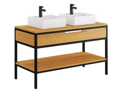 Móvel De Casa De Banho Em Teca Clara E Metal Com Lavatório Duplo 120 Cm - Tukad