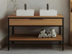 Móvel De Casa De Banho Em Teca Clara E Metal Com Lavatório Duplo 120 Cm - Tukad