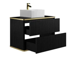 Móvel De Casa De Banho Suspenso Estriado Rebordo Dourado Com Lavatório De Pousar Preto 80 Cm - Keliza