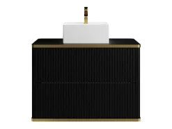 Móvel De Casa De Banho Suspenso Estriado Rebordo Dourado Com Lavatório De Pousar Preto 80 Cm - Keliza